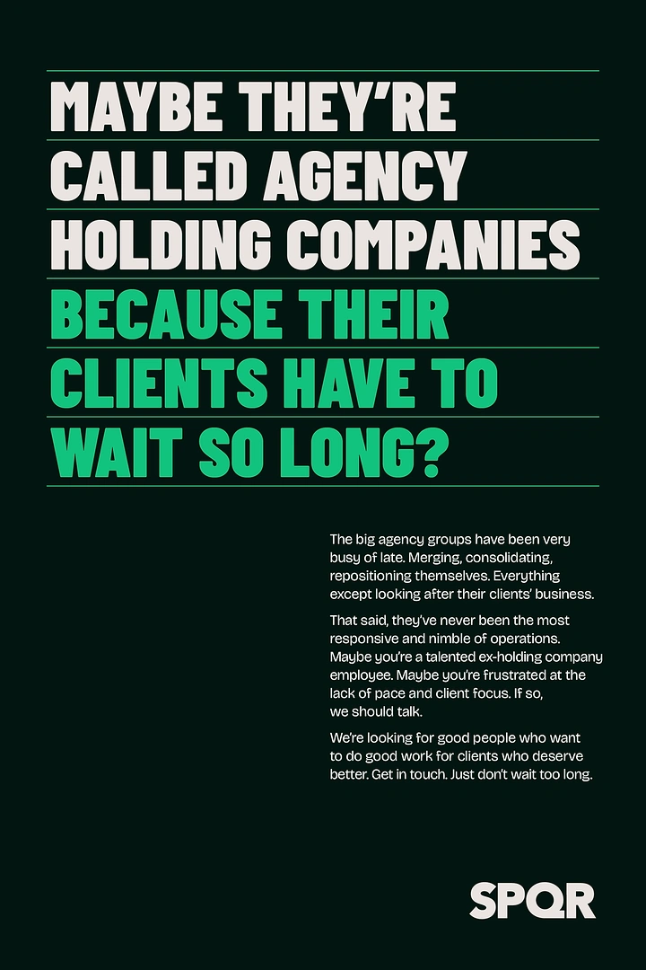 Agency creative ad: Witty typographic jab at holding companies
