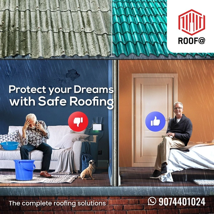 Roofing creative ad: Split scene: leaking vs dry home comparison