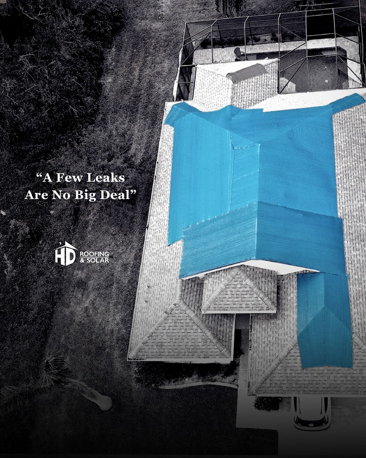 Roofing creative ad: Ironic 'few leaks' copy over tarped roof