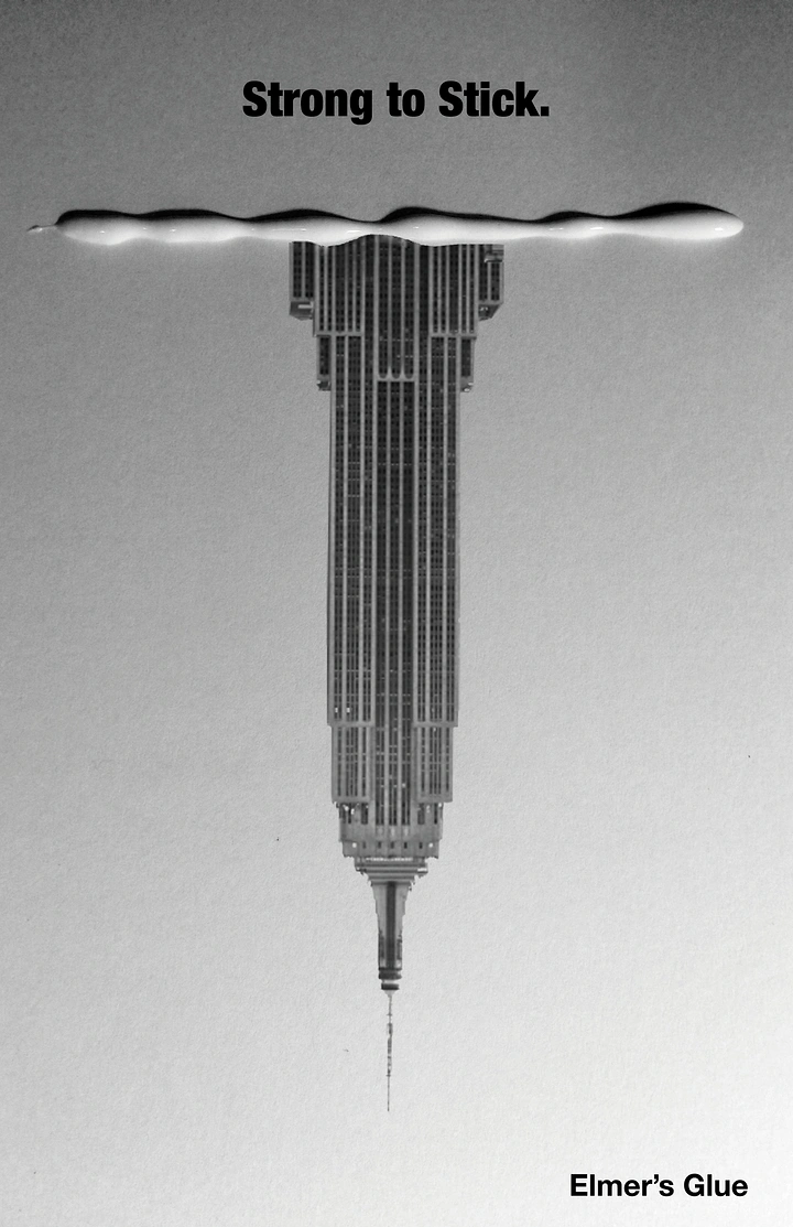 Art Supplies creative ad: Upside-down skyscraper hanging from a line of glue