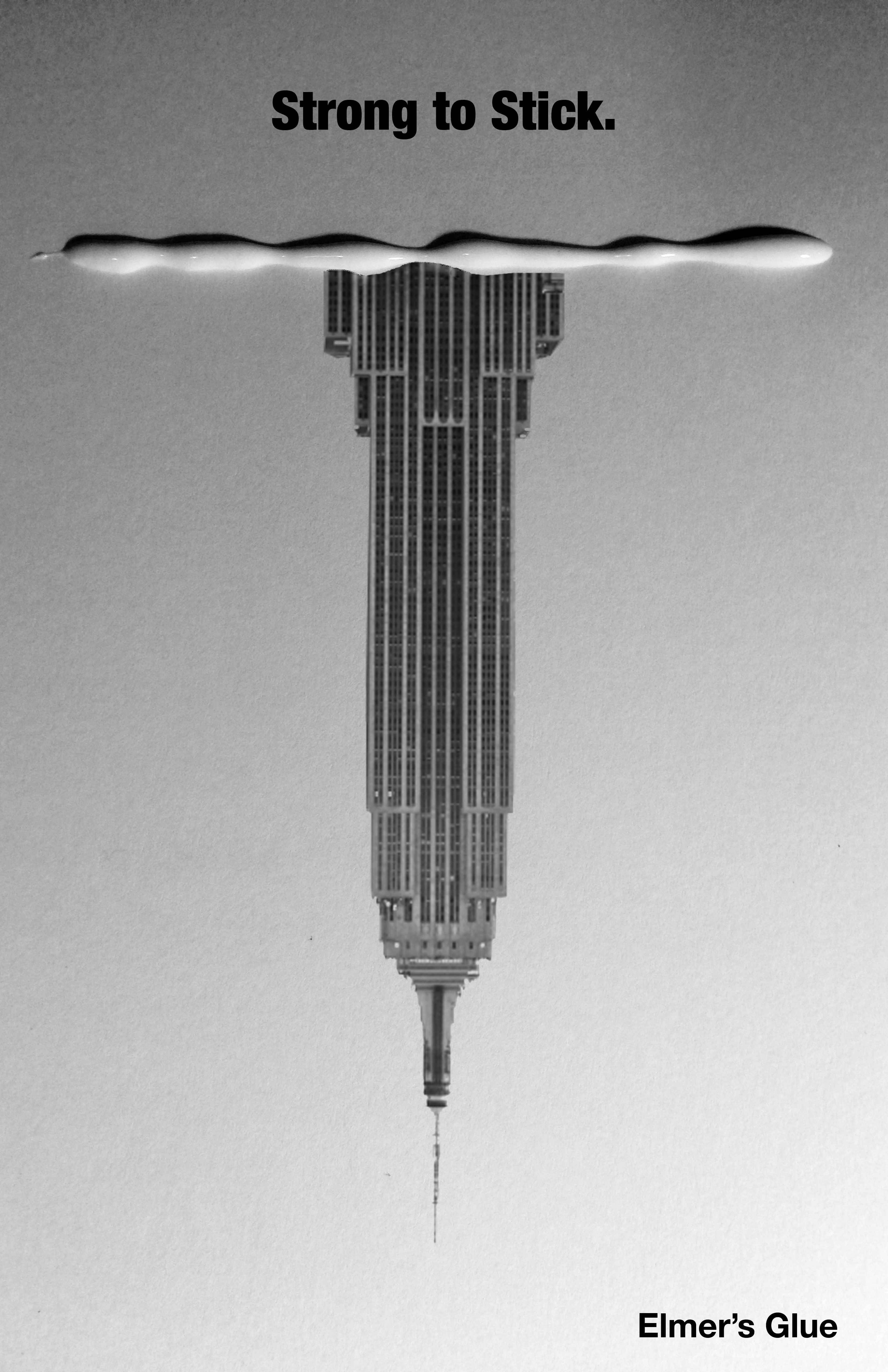 Poster: Upside-down skyscraper hanging from a line of glue