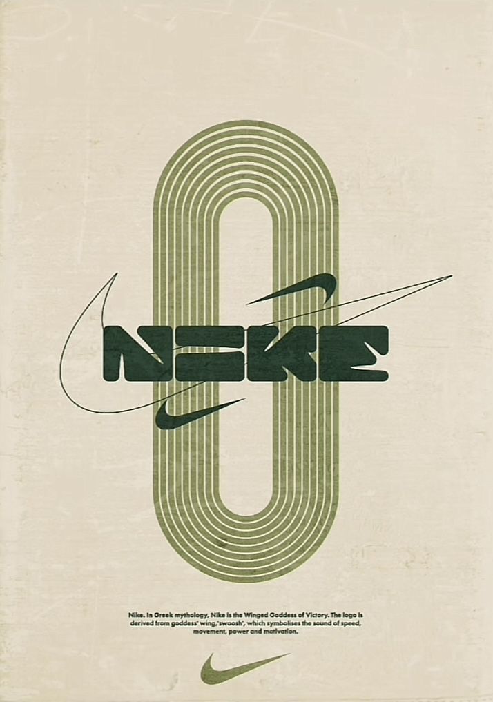 Poster: Olive running-track oval with a custom blocky wordmark
