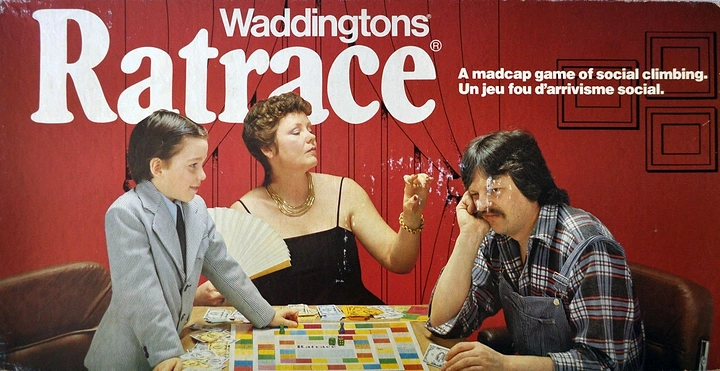 Board Games & Game Cafes creative ad: Rat race theme drives board game imagery