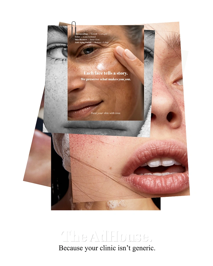 Skin & Cosmetic Clinics creative ad: Collaged face fragments, every face story