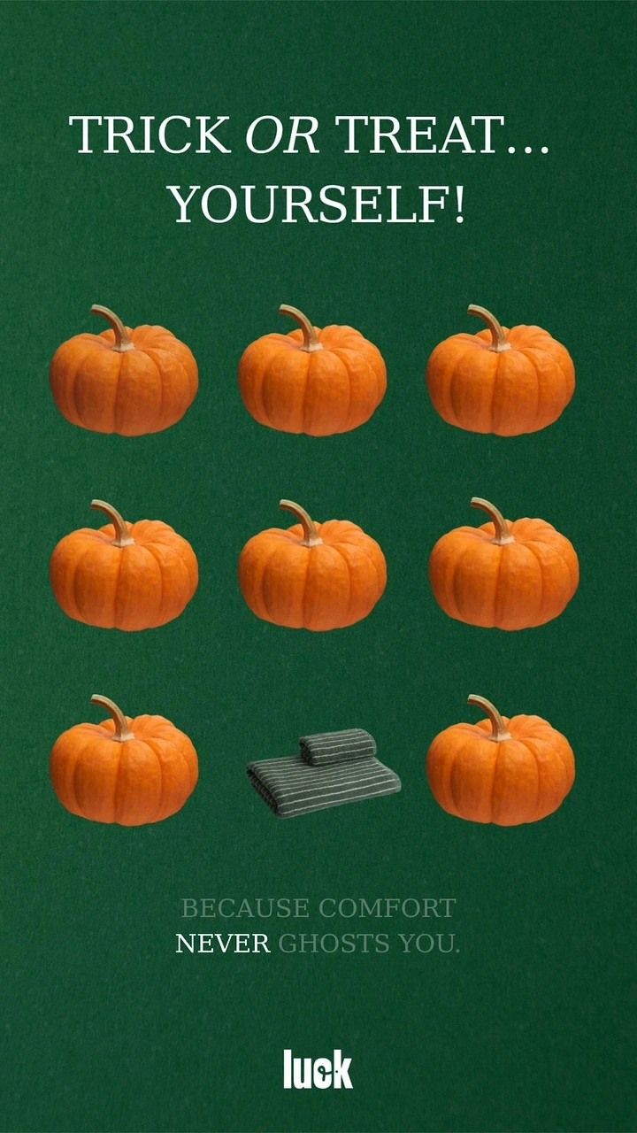 Halloween creative ad: 3x3 grid of pumpkins with folded towels replacing one