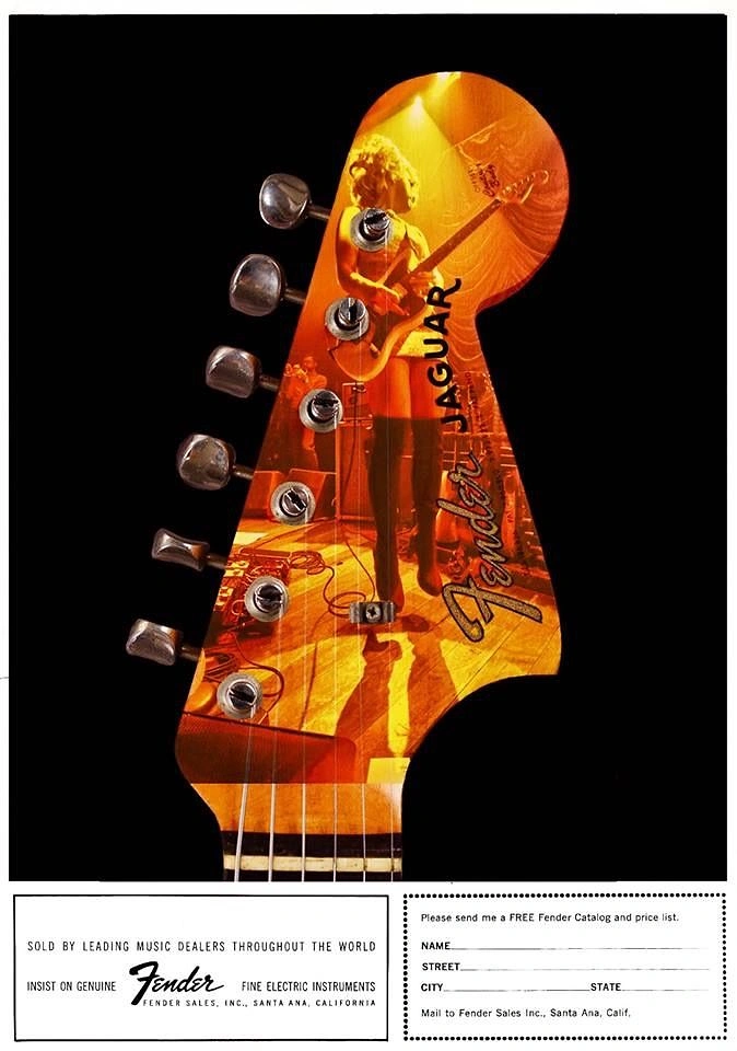 Musical Instrument Stores creative ad: A large orange-lit guitar headstock filled with layered concert and instrument imagery