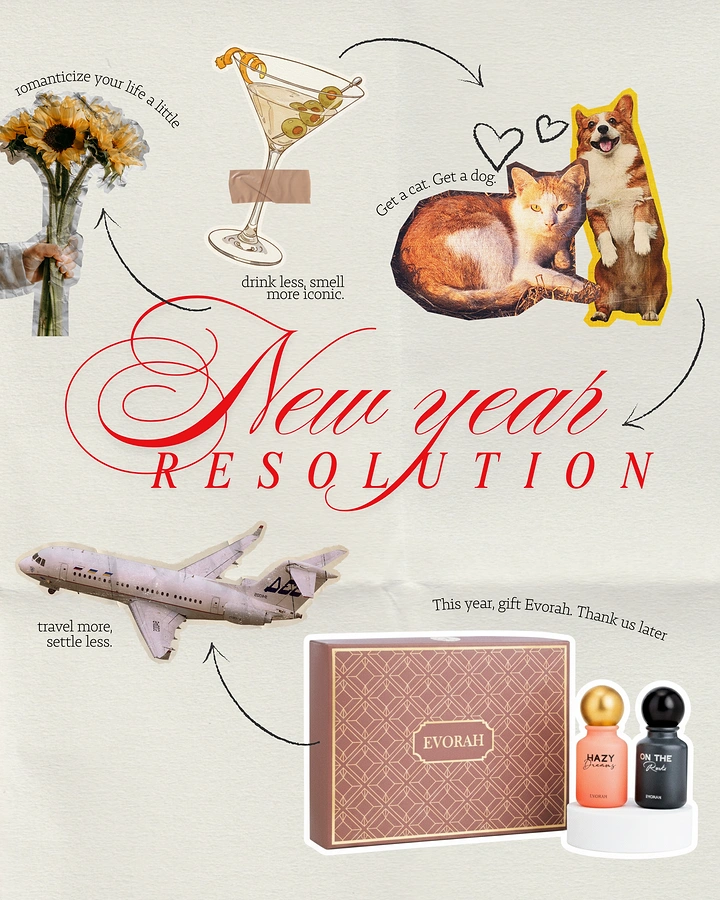 New Year creative ad: Cutout collage of resolution items leading to a perfume gift set