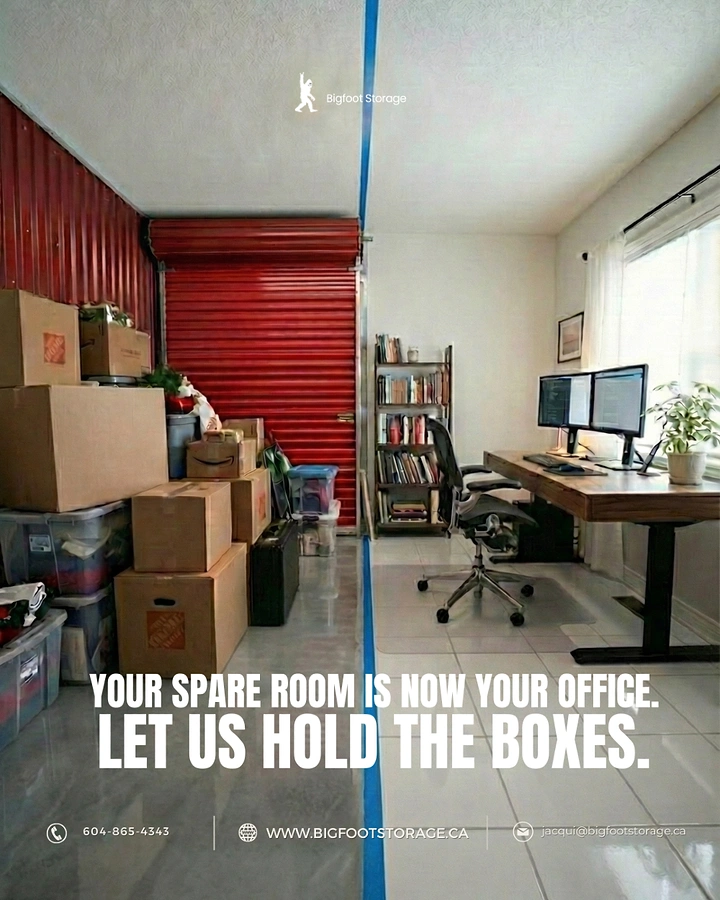 Movers & Packers creative ad: Split room: storage unit versus new office