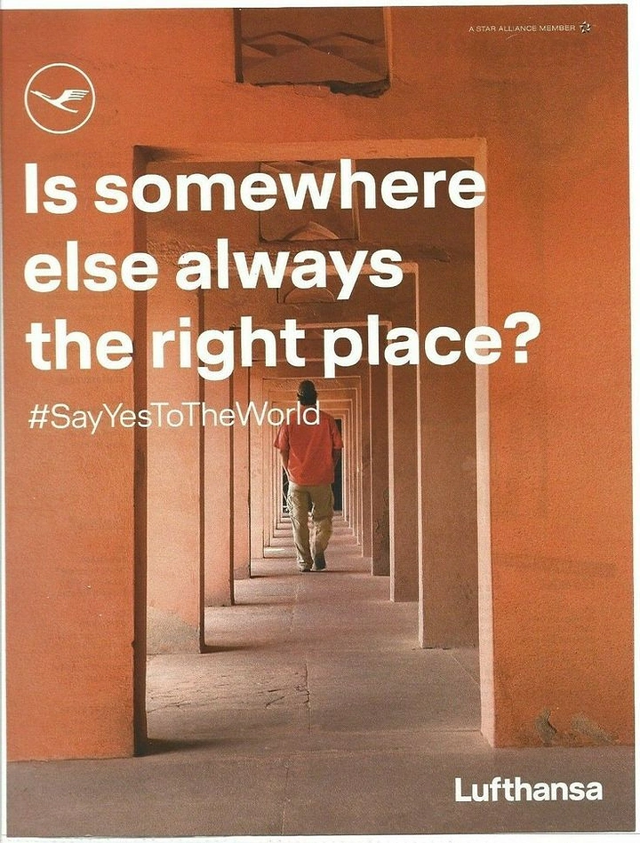 Airlines creative ad: Corridor composition reinforces destination question