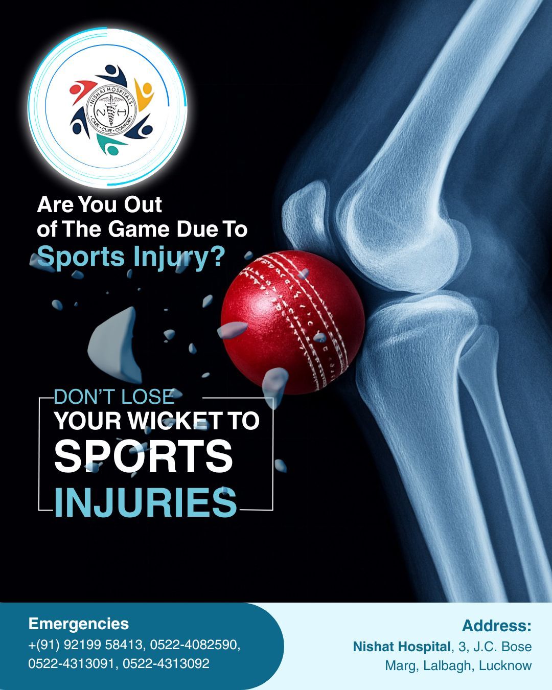 Poster: X-ray knee joint colliding with a red cricket ball