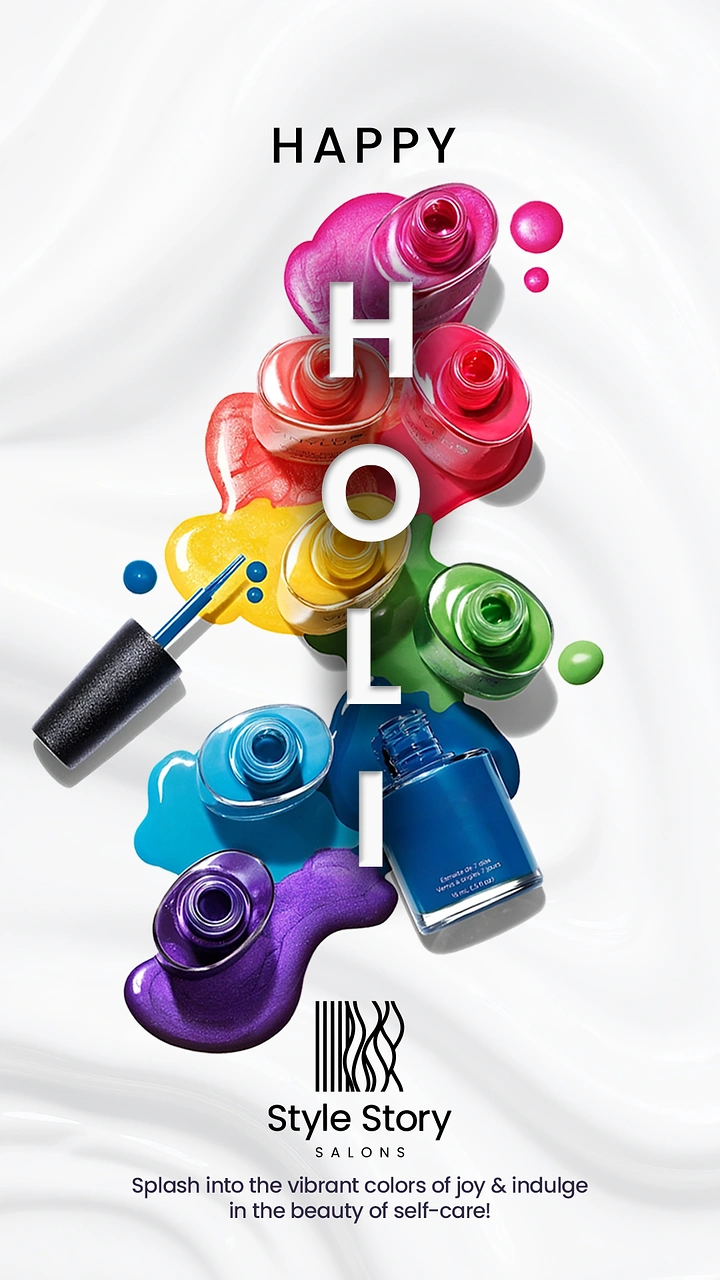 Holi creative ad: Open nail polish bottles spilling rainbow-coloured puddles