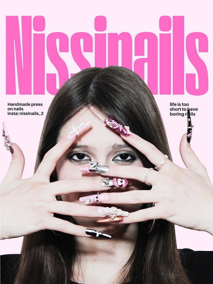 Nail Salons creative ad: Woman framing her face with hands wearing embellished long press-on nails