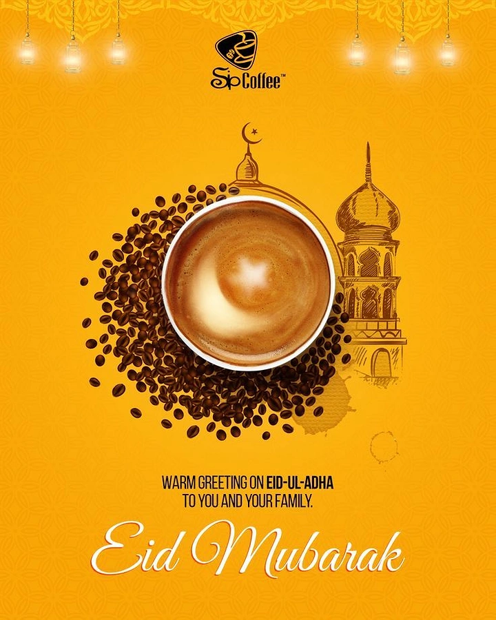 Eid creative ad: Top-down coffee cup with crescent latte art on scattered beans beside a sketched mosque