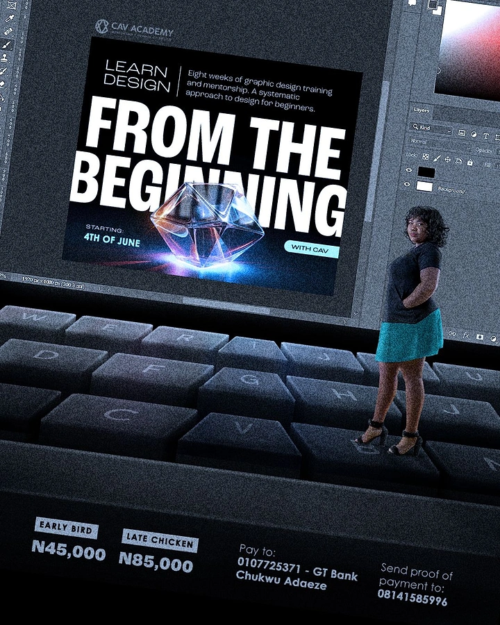 Online Courses & E-learning creative ad: Designer dwarfed by giant keyboard