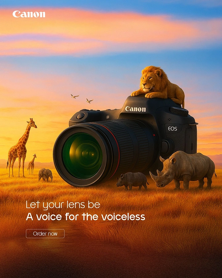 Photography creative ad: Wildlife perched on camera, voice for voiceless