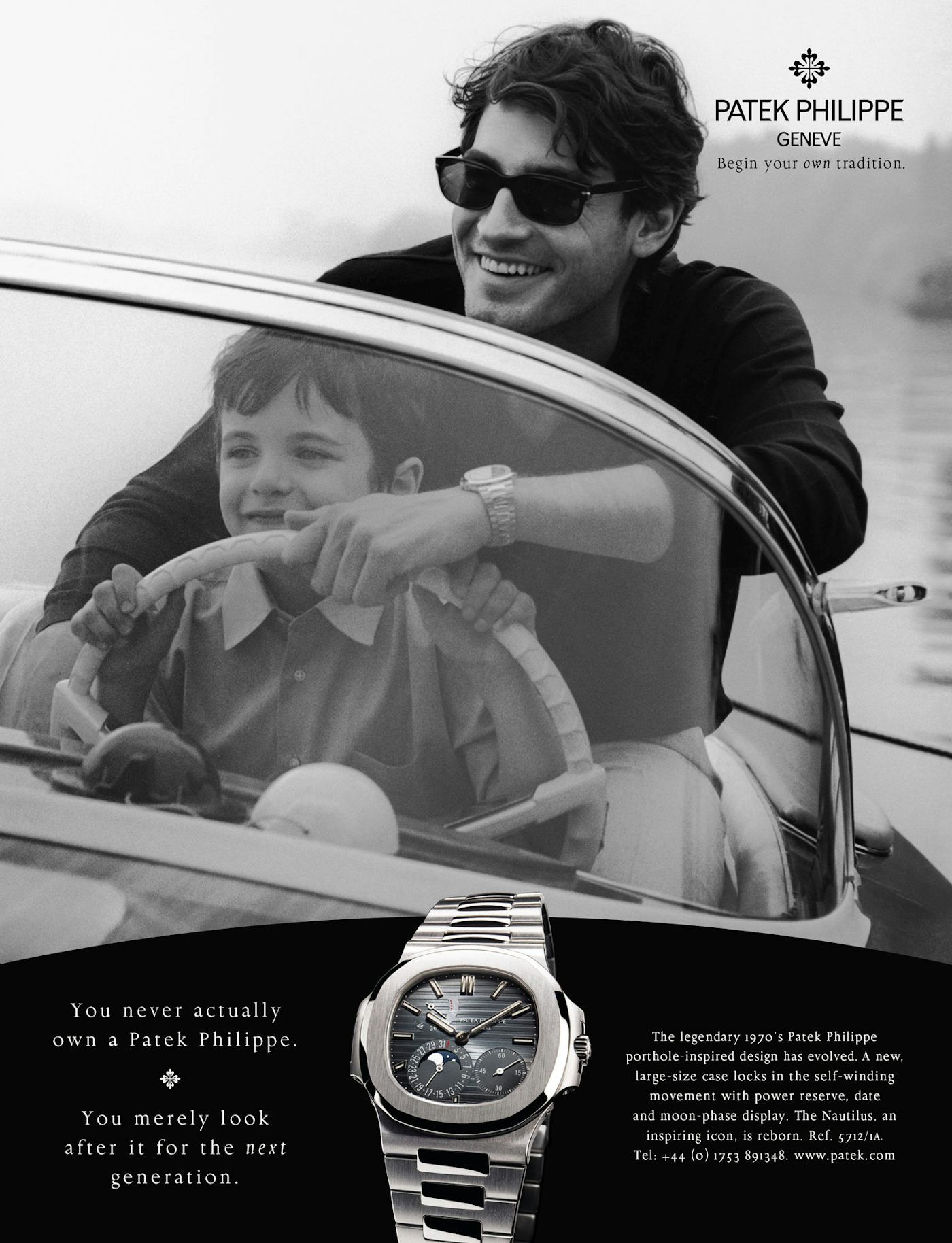 Father's Day Poster: Father and son steering a vintage boat, with a watch inset
