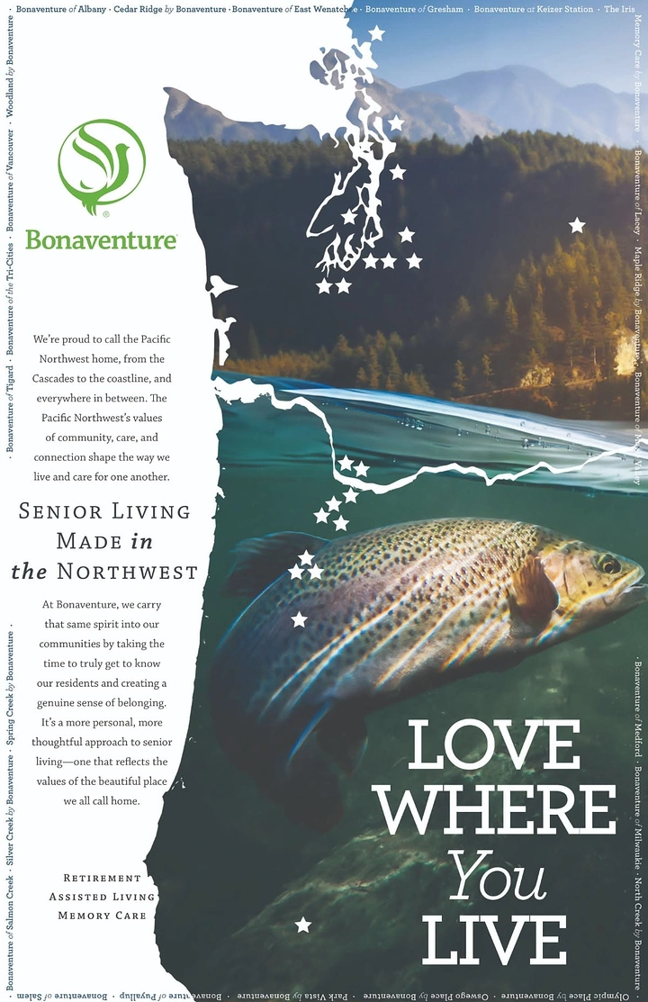 Senior Care creative ad: Coastline silhouette cut reveals Northwest landscape