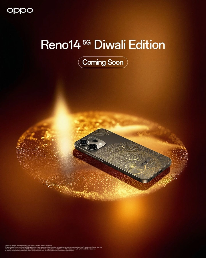 Diwali creative ad: Smartphone with a gold mandala back lying on a glowing glitter disc