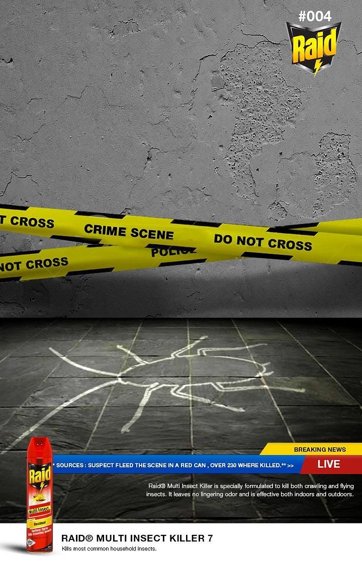 Pest Control creative ad: Chalk outline of a cockroach on dark tiles behind crime scene tape