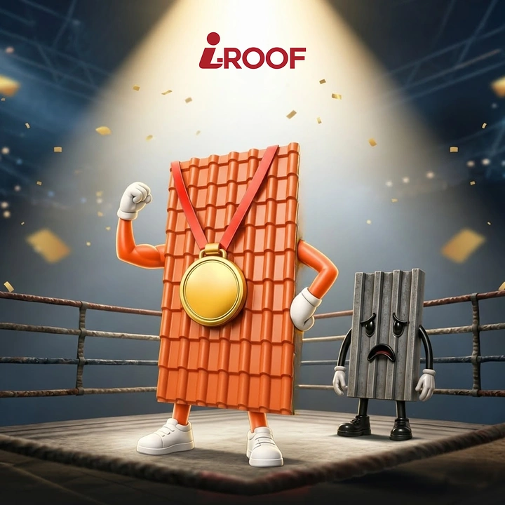 Roofing creative ad: Champion tile mascot beats sad metal sheet