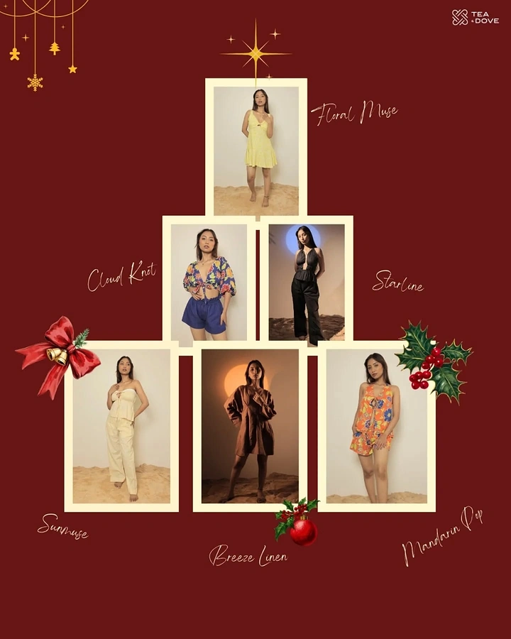 Christmas creative ad: Six model lookbook photos stacked into a Christmas tree shape