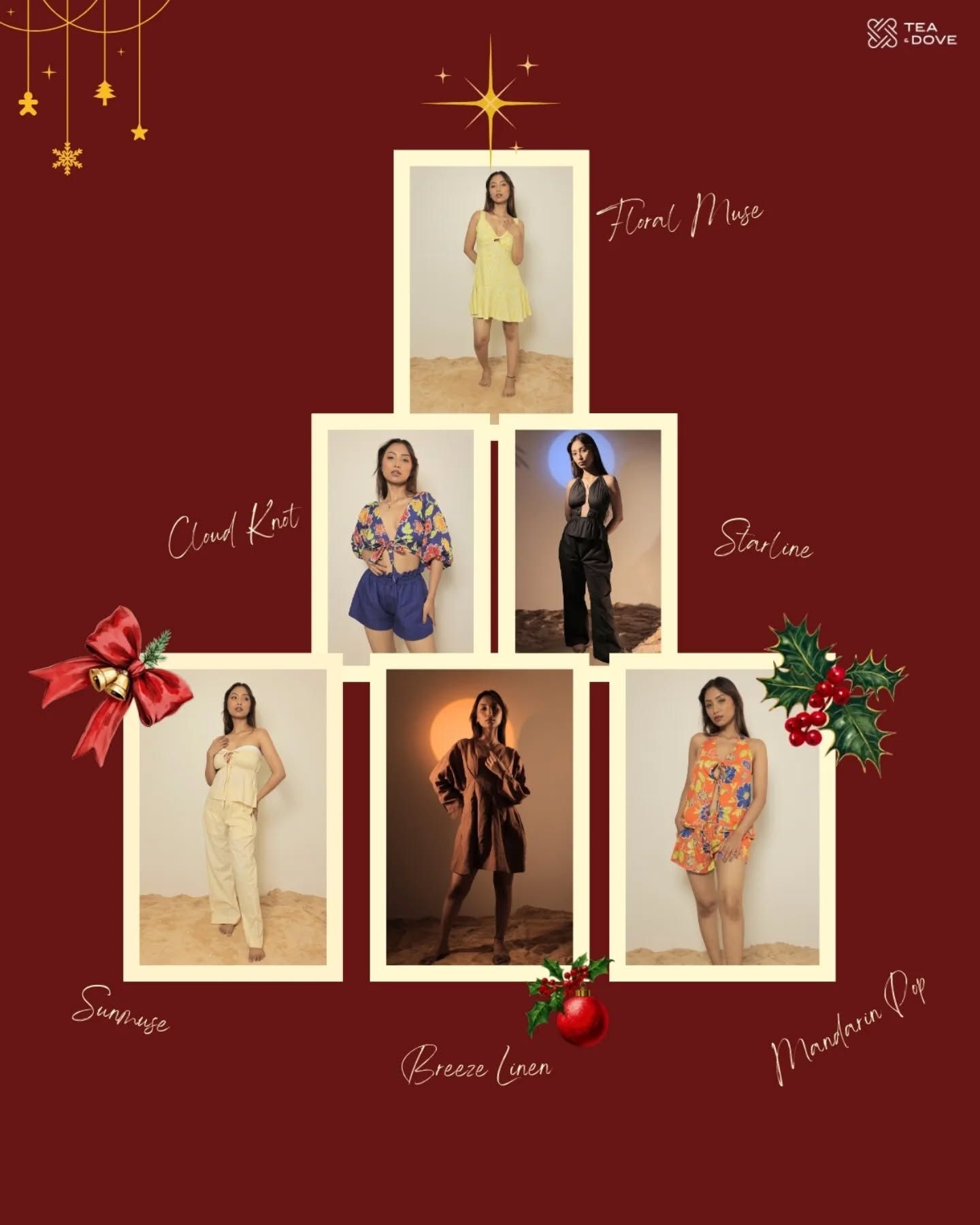 Six model lookbook photos stacked into a Christmas tree shape