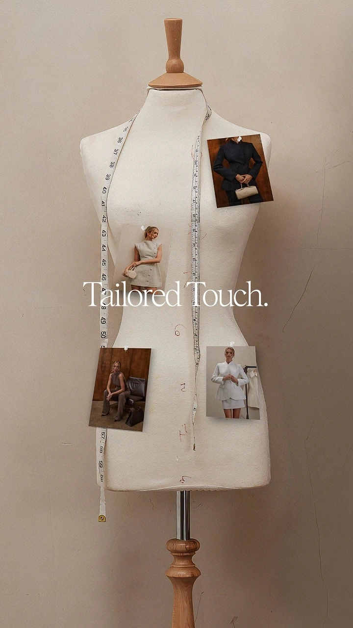 Tailors & Alterations creative ad: Photos pinned onto dress form as moodboard