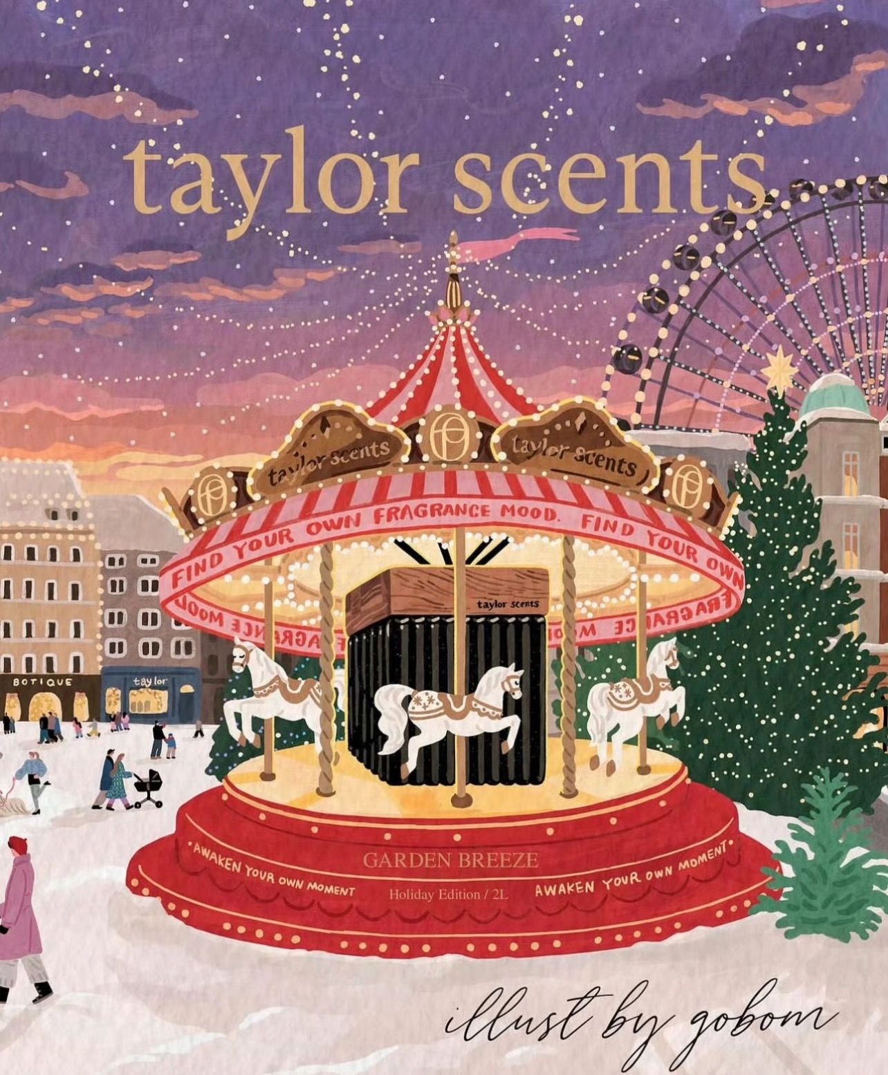 Christmas Instagram post: Illustrated Christmas-market carousel with a perfume box at its centre