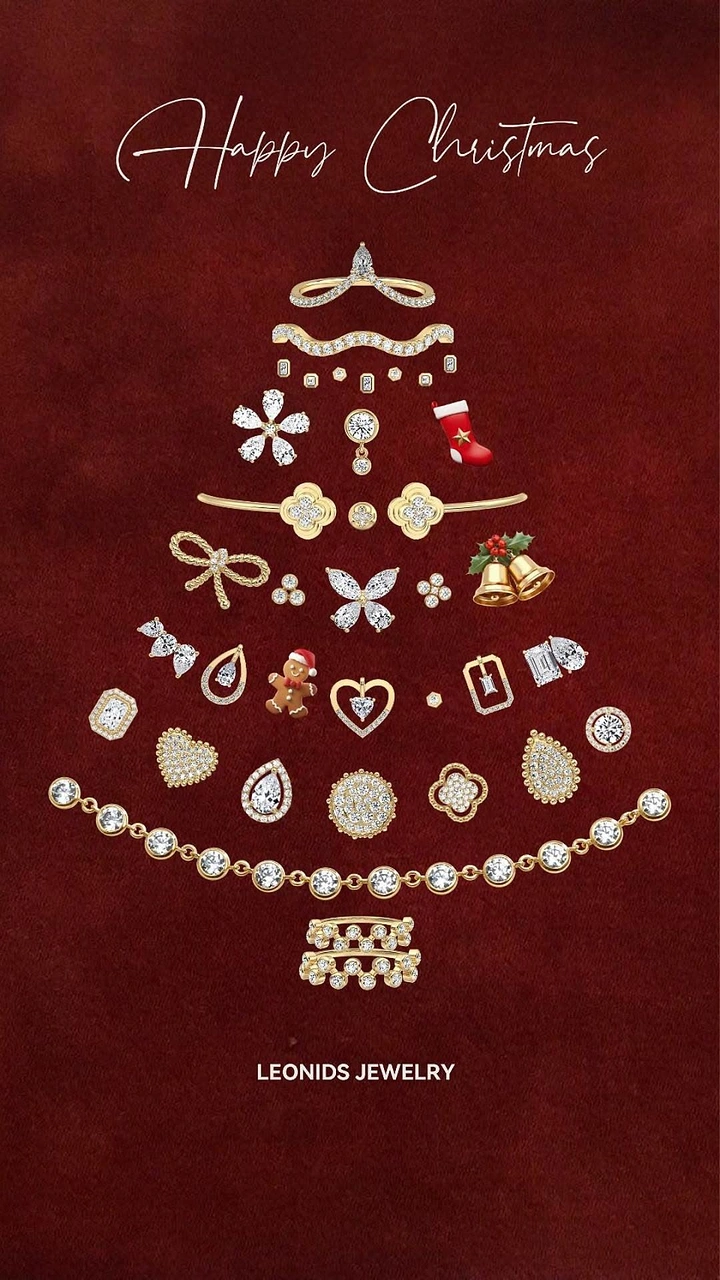 Christmas creative ad: Christmas tree shape built from gold and diamond jewelry