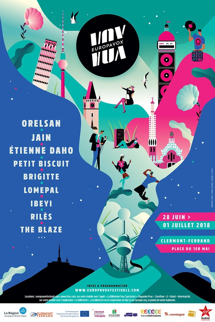 Creative ad: Surreal vertical landscape of European landmarks with tiny performers and a DJ