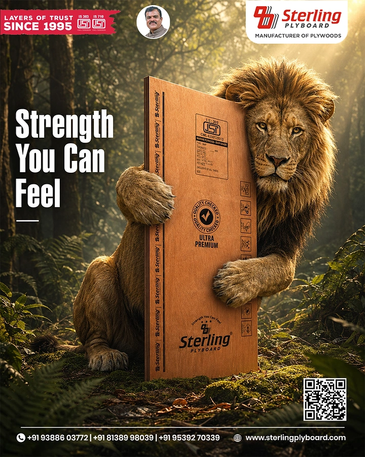 Plywood & Laminates creative ad: Lion hugging a branded plywood sheet in a sunlit forest