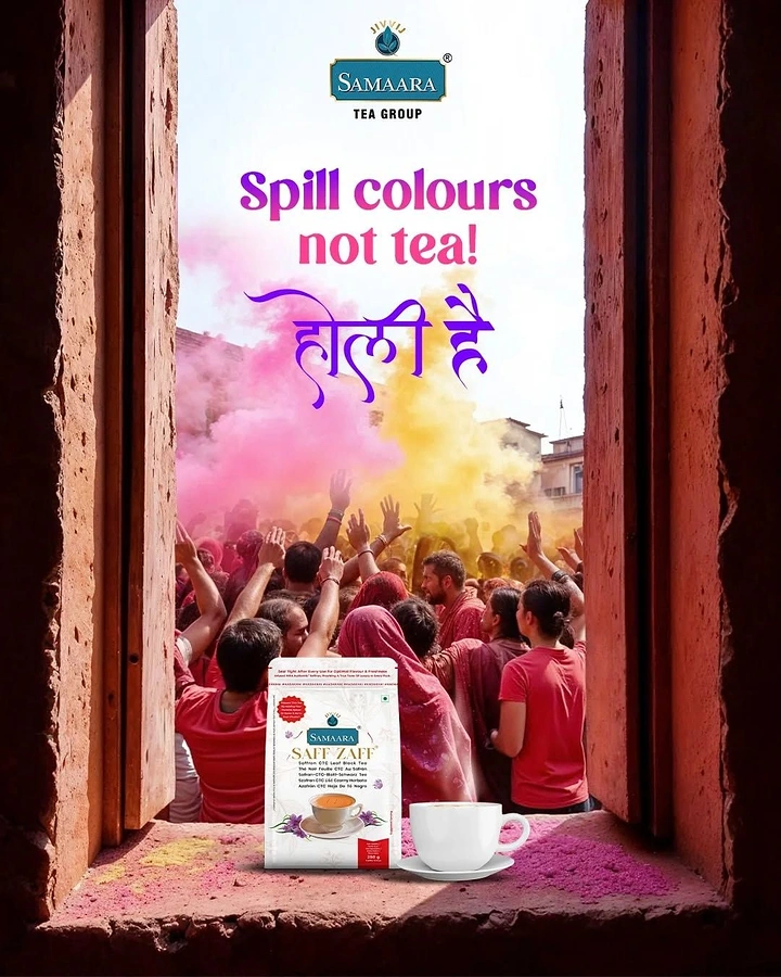 Holi creative ad: Holi crowd seen through a rustic window with a tea pack and cup on the sill
