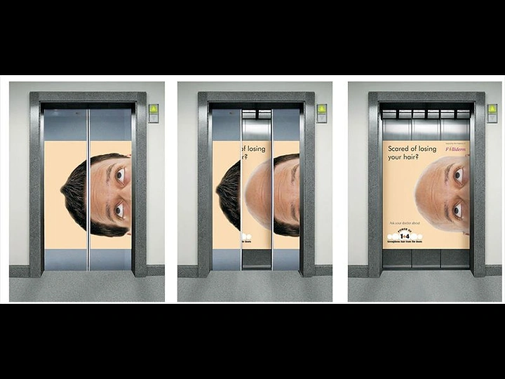 Hair Transplant & Hair Clinics creative ad: Elevator doors split receding hairline