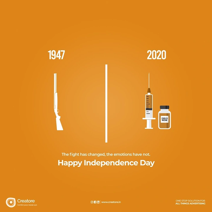 Independence Day creative ad: Split comparison of 1947 rifle vs 2020 vaccine syringe