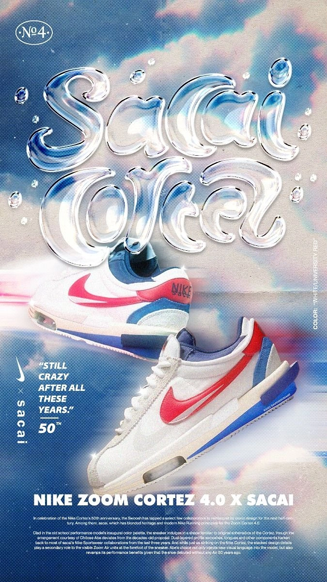 Sneakers & Footwear creative ad: Pair of red-white-blue sneakers floating in a cloudy sky