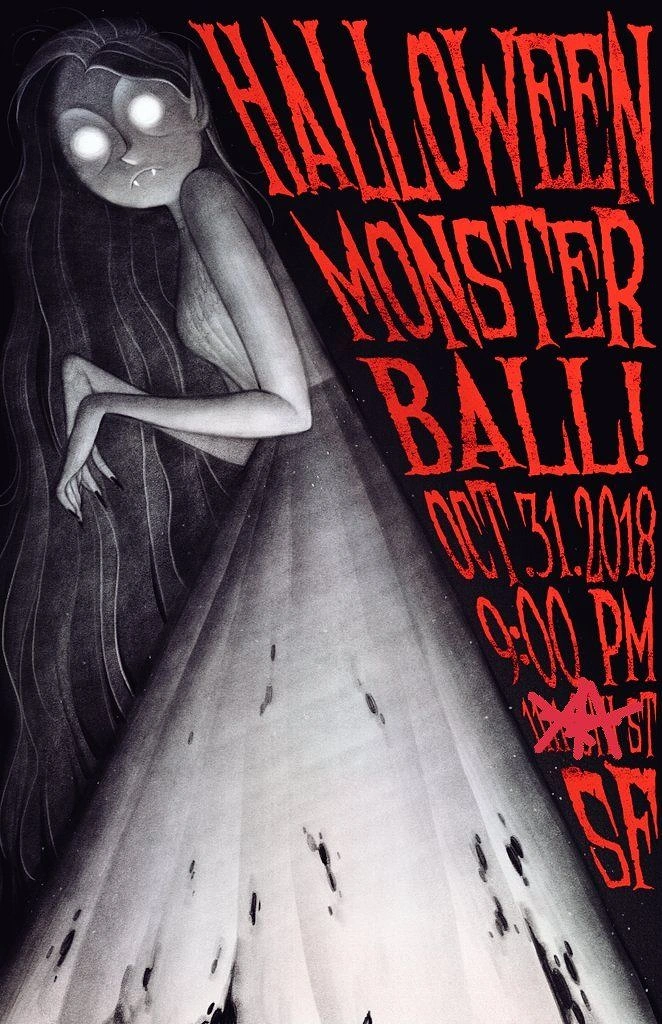 Halloween creative ad: Pale vampire girl with glowing eyes in a flowing gown