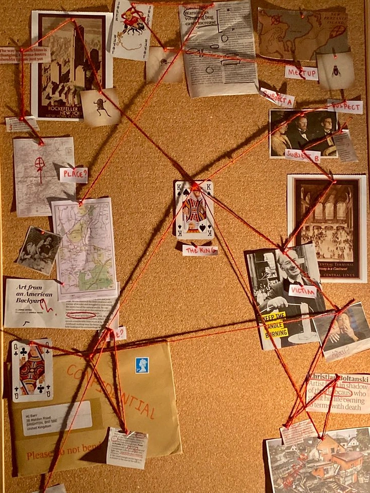 Escape Rooms creative ad: Mystery clues arranged as investigation board