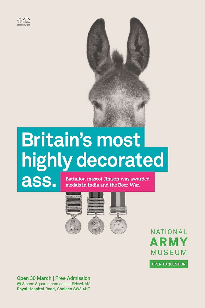 Media creative ad: Grayscale donkey portrait wearing military medals