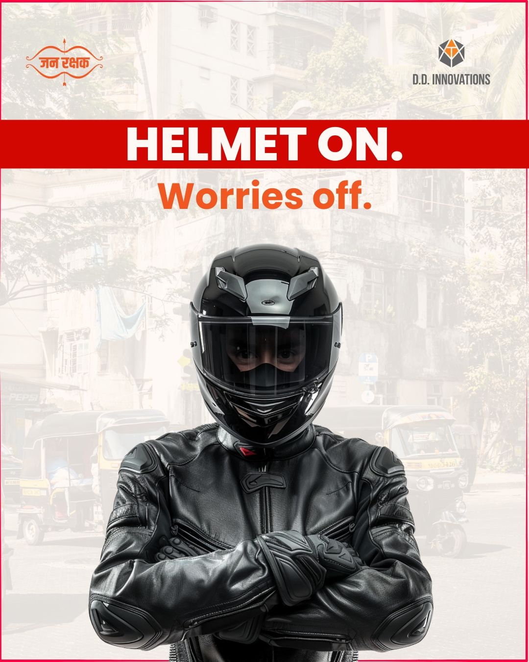 Instagram post: Witty copy turns helmet into reassurance