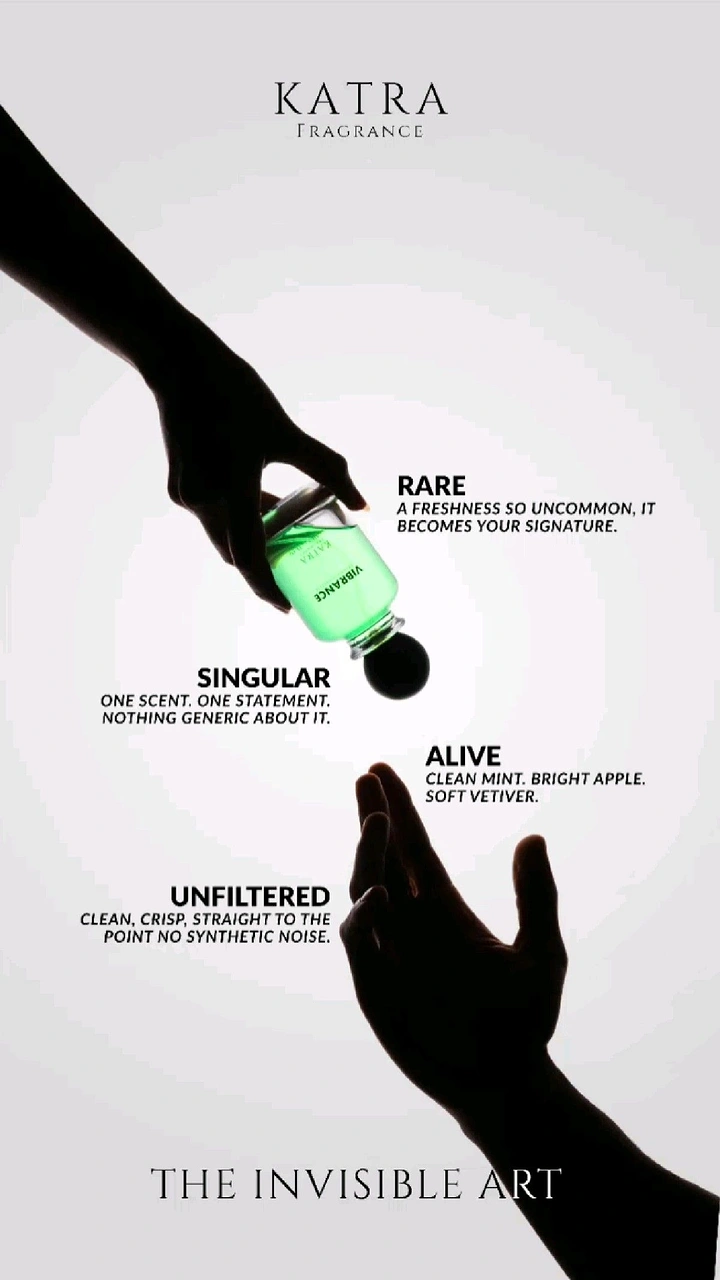 Creative ad: Two silhouetted hands passing a glowing green perfume bottle