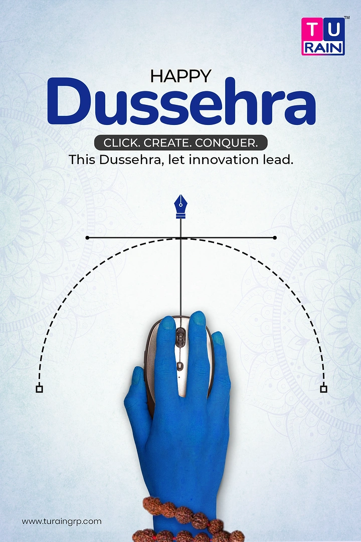 Dussehra creative ad: Blue deity-style hand on a mouse, drawing a bow as a bezier curve