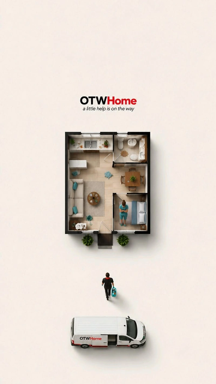 Movers & Packers creative ad: Miniature floor plan home carried by van