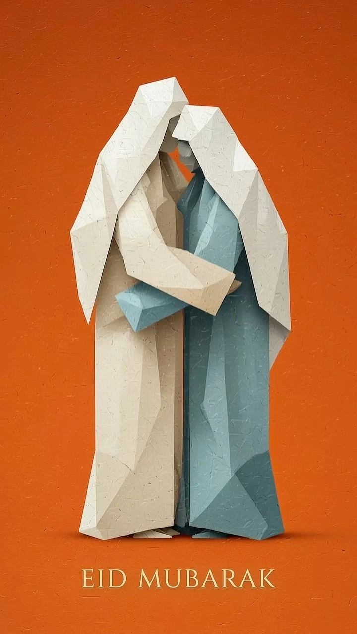 Eid creative ad: Two low-poly paper figures in robes embracing