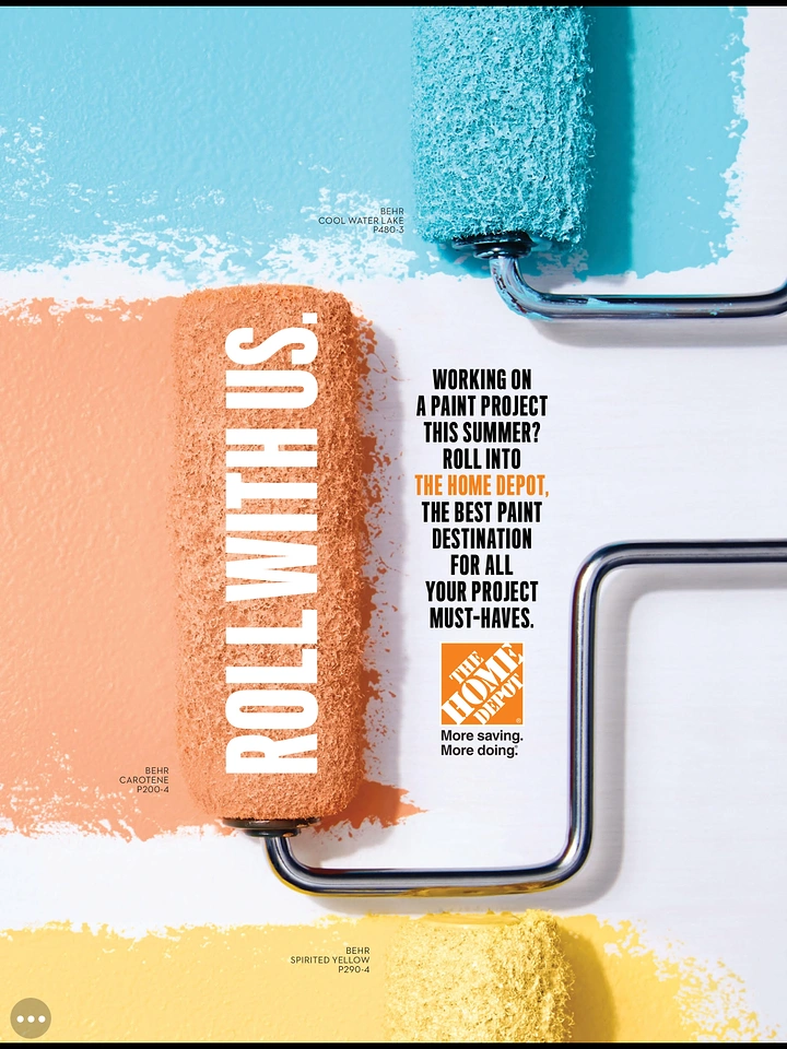 Creative ad: Three paint rollers laying down turquoise, coral and yellow stripes