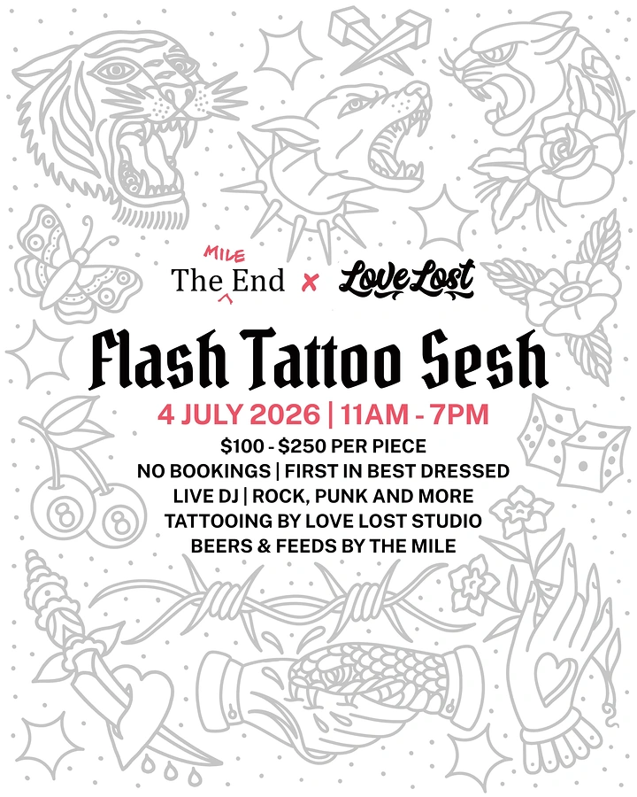 Tattoo Studios creative ad: Flash sheet line art as event backdrop