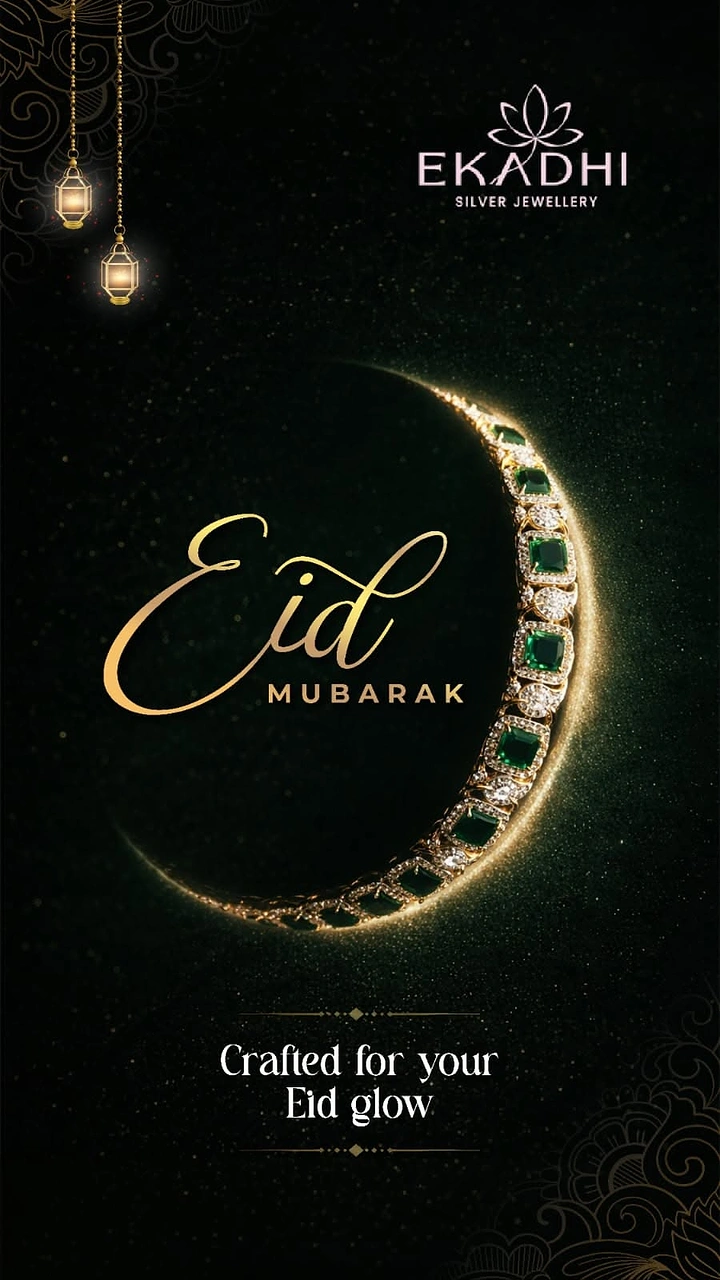Eid creative ad: Emerald and diamond necklace curved into a glowing crescent moon