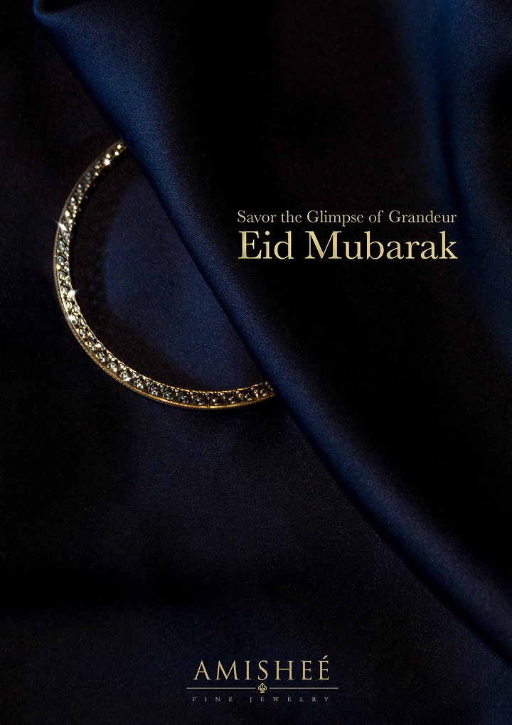 Eid creative ad: Diamond-set gold bangle half-hidden under navy satin to form a crescent moon