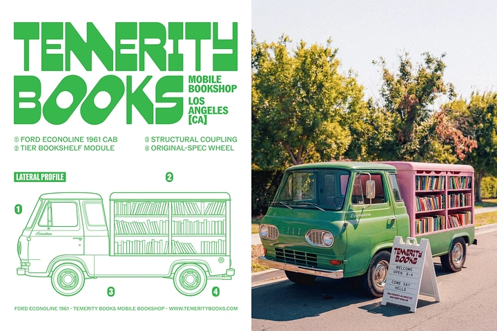 Bookstores creative ad: Bookmobile as technical spec-sheet blueprint