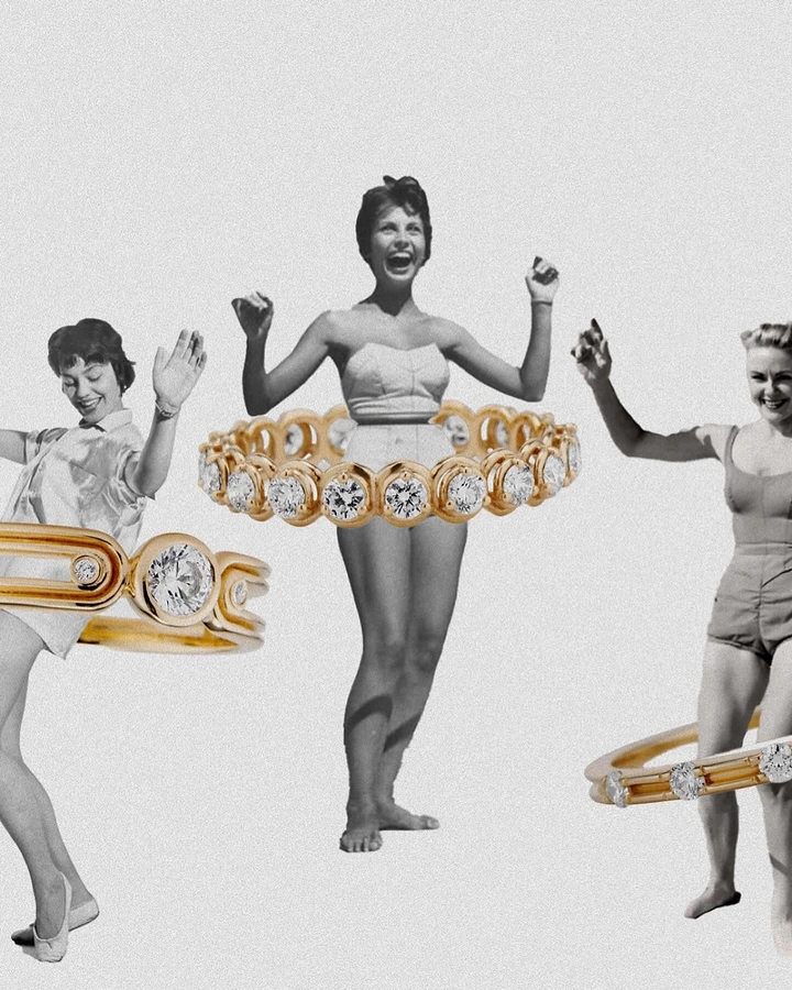 Jewellery creative ad: Vintage women hula-hooping with giant diamond rings