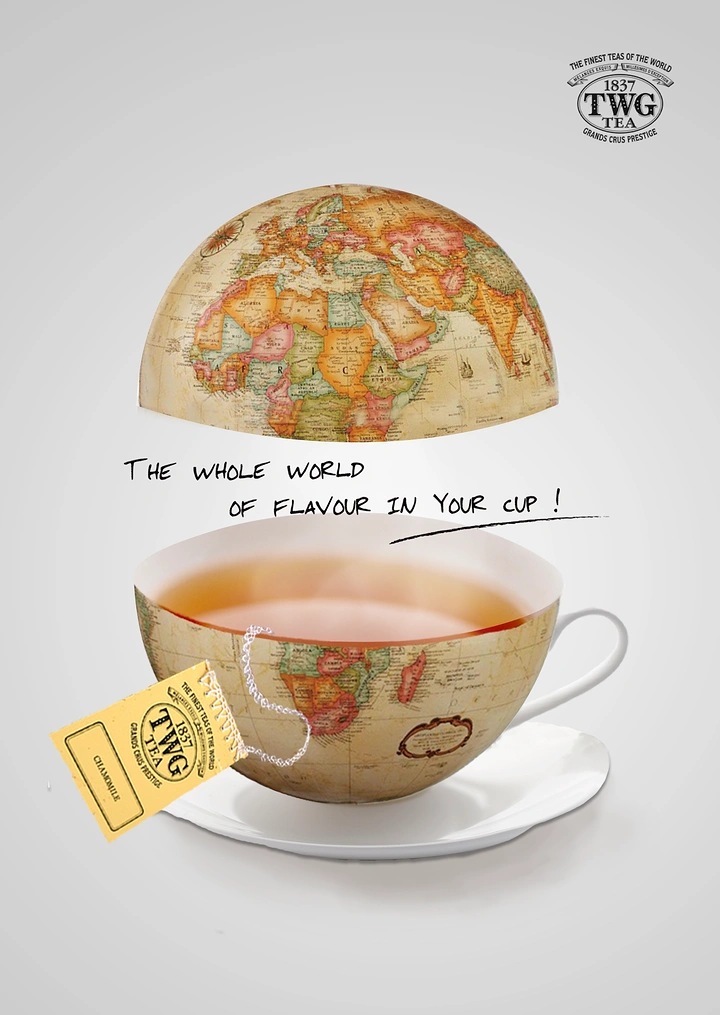 Tea & Chai Brands creative ad: Antique globe split in half, with the lower half as a teacup full of tea